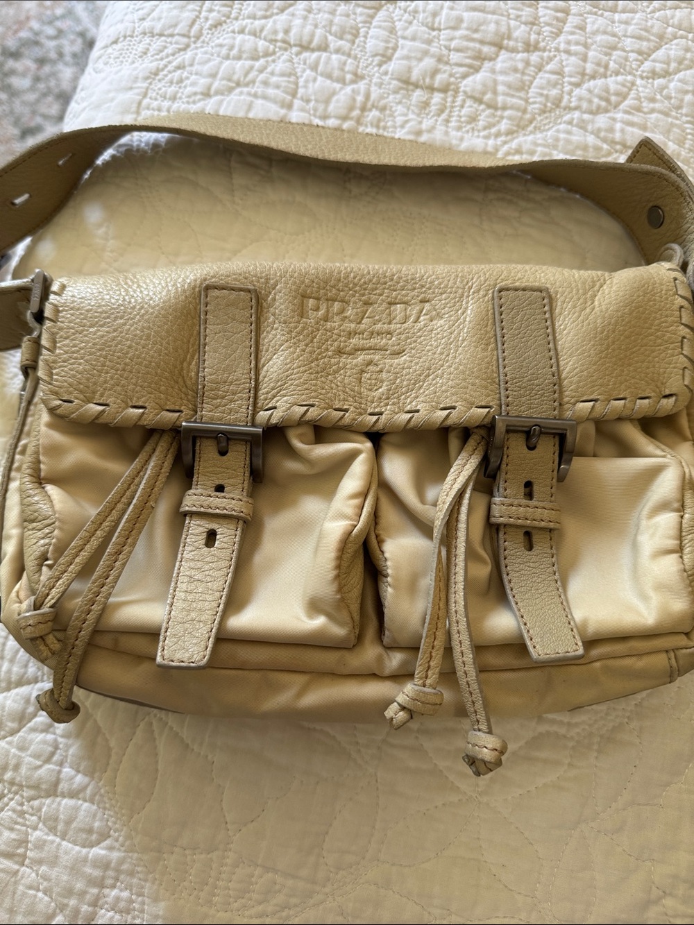 Prada Taupe Leather & Nylon Messenger Bag